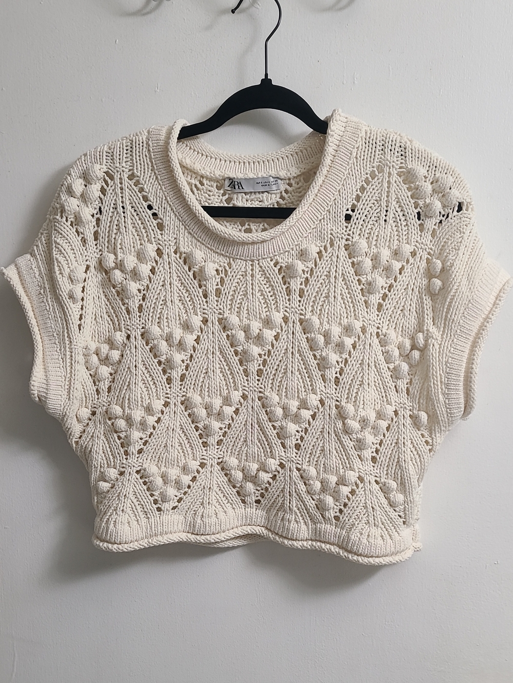 Zara Women's Cropped Crochet Open-knit Pom-Pom Pullover Sweater/Vest Beige Sz S